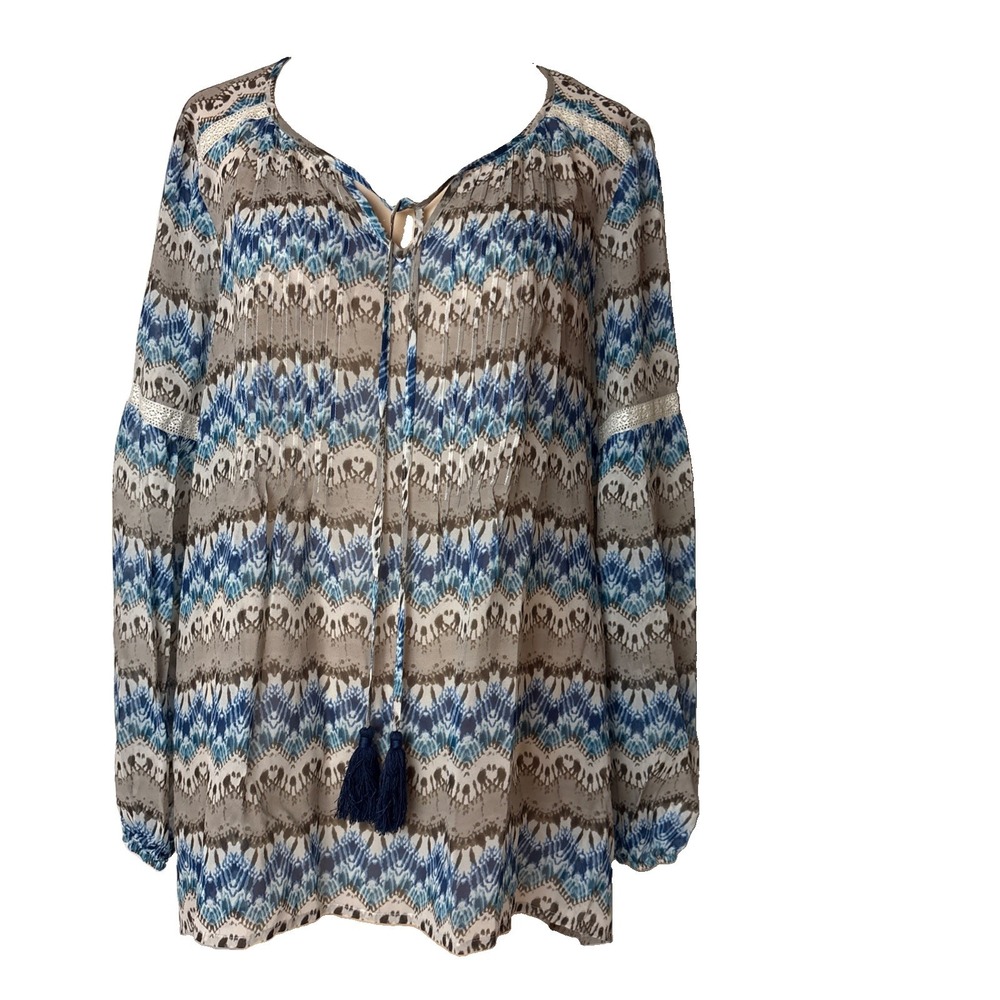 Sundance Womens L 100% Silk Pintuck Boho Blouse Tassel Long Sleeve sheer top